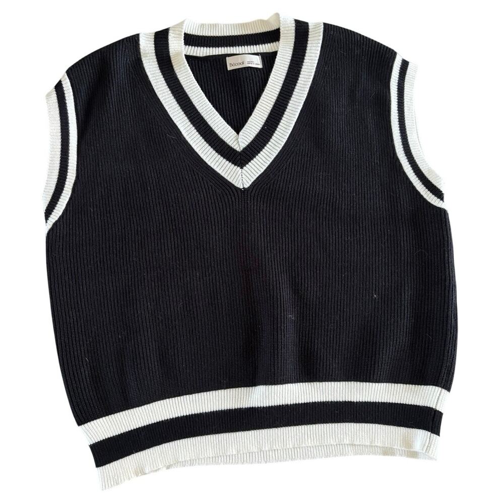 Becool Women’s M/L Black Ivory V Neck Sweater Vest Striped Preppy Knit